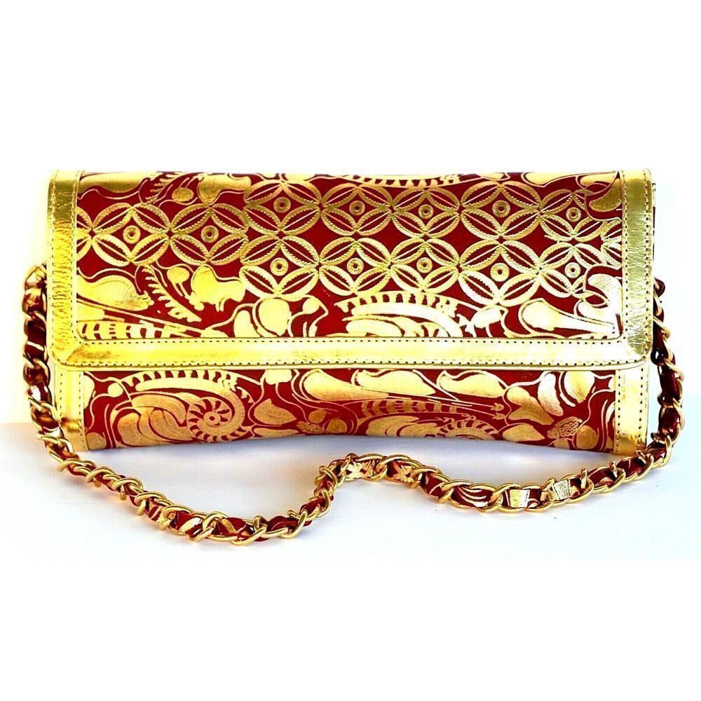 Chico's RED GOLD EMBOSSED GENUINE LEATHER MEDIUM FLAP SHOULDER BAG PURSE CLUTCH